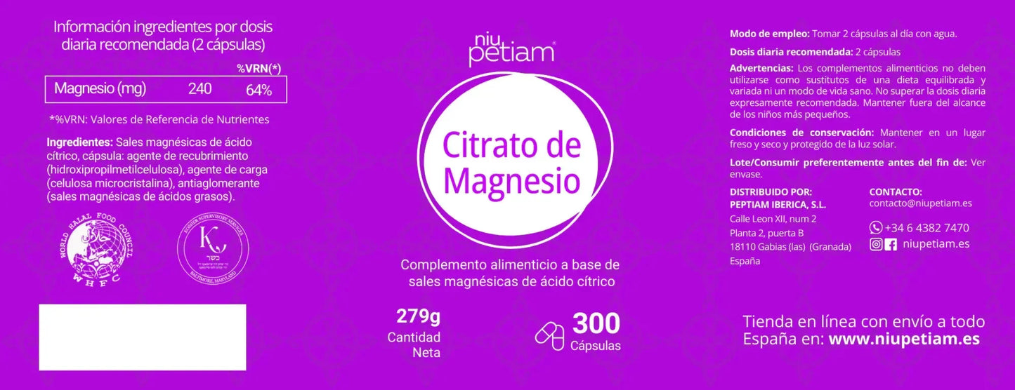 Citrato de Magnesio 750mg , Bote 300 Cápsulas Veganas - NiuPetiam