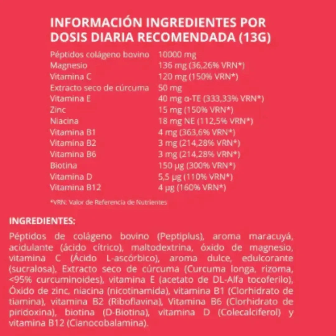 Tabla de información nutricional de NiuPetiam colágeno hidrolizado sabor maracuyá 30 porciones (390g), 10 g de colágeno por dosis – NiuPetiam
