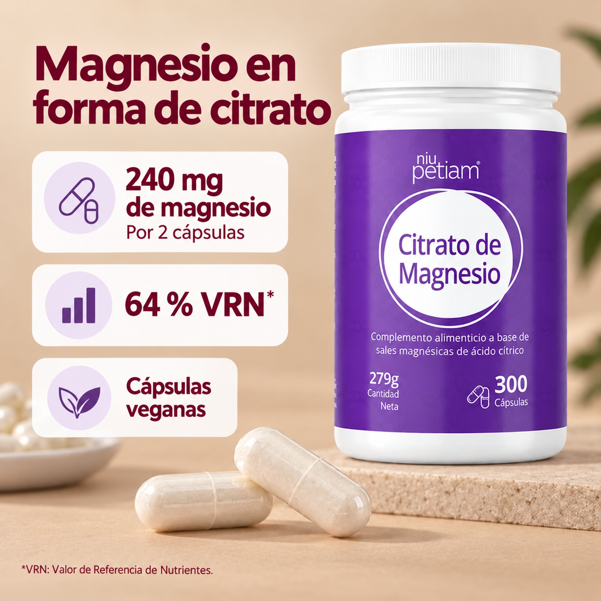 Citrato de Magnesio 750mg , Bote 300 Cápsulas Veganas