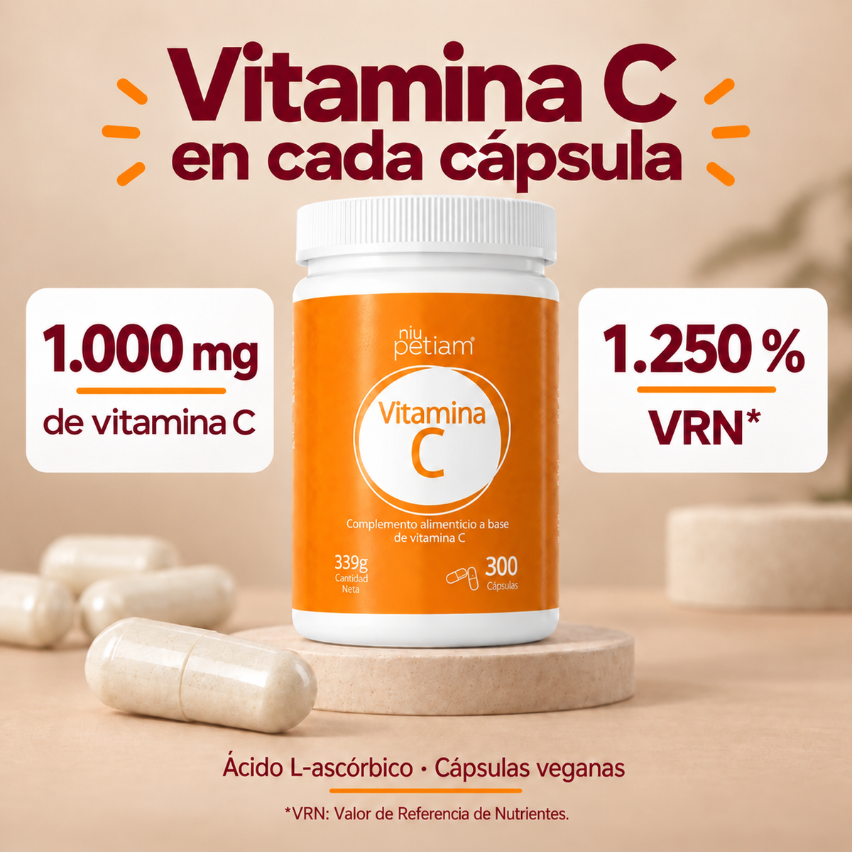 Vitamina C (ácido ascórbico) 1g, 300 Cápsulas veganas
