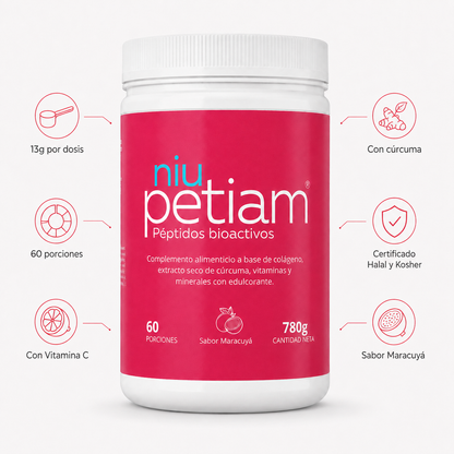 NiuPetiam Sabor Maracuyá 780g — 13g de colágeno por dosis, 60 porciones, con Vitamina C, con cúrcuma, certificado Halal y Kosher