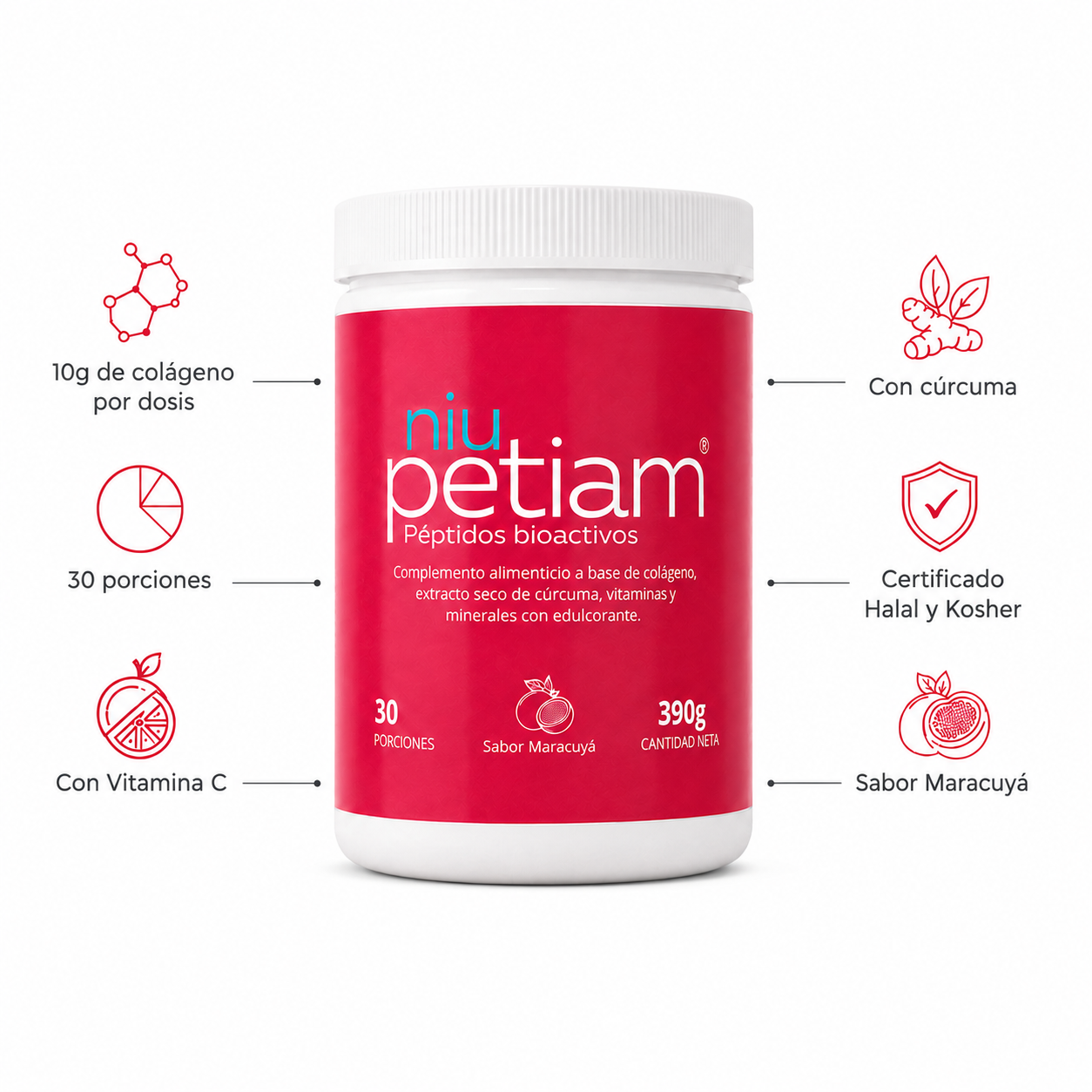 NiuPetiam Sabor Maracuyá 390g — 10g de colágeno por dosis, 30 porciones, con Vitamina C, con cúrcuma, certificado Halal y Kosher