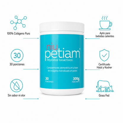 NiuPetiam Colágeno Neutro 300g — 100% colágeno puro, 30 porciones, sin sabor ni olor, apto para bebidas calientes, certificado Halal y Kosher, Grass Fed