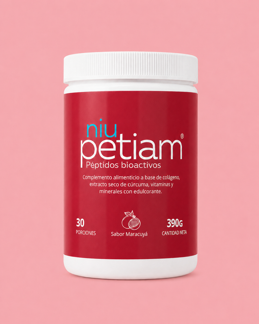 NiuPetiam Maracuyá 390g - bote sobre fondo rosa pastel