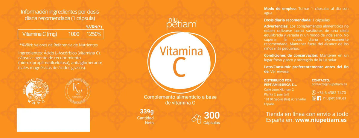 Vitamina C (ácido ascórbico) 1g, 300 Cápsulas veganas - NiuPetiam