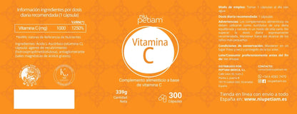 Vitamina C (ácido ascórbico) 1g, 300 Cápsulas veganas - NiuPetiam