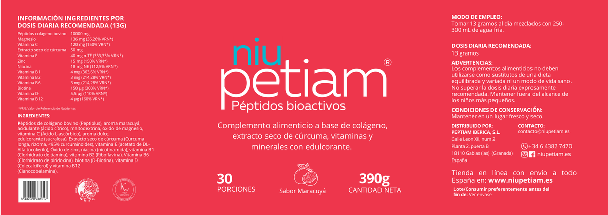 NiuPetiam® Sabor Maracuyá - Péptidos Bioactivos de Colágeno Hidrolizado 30 porciones (390g)