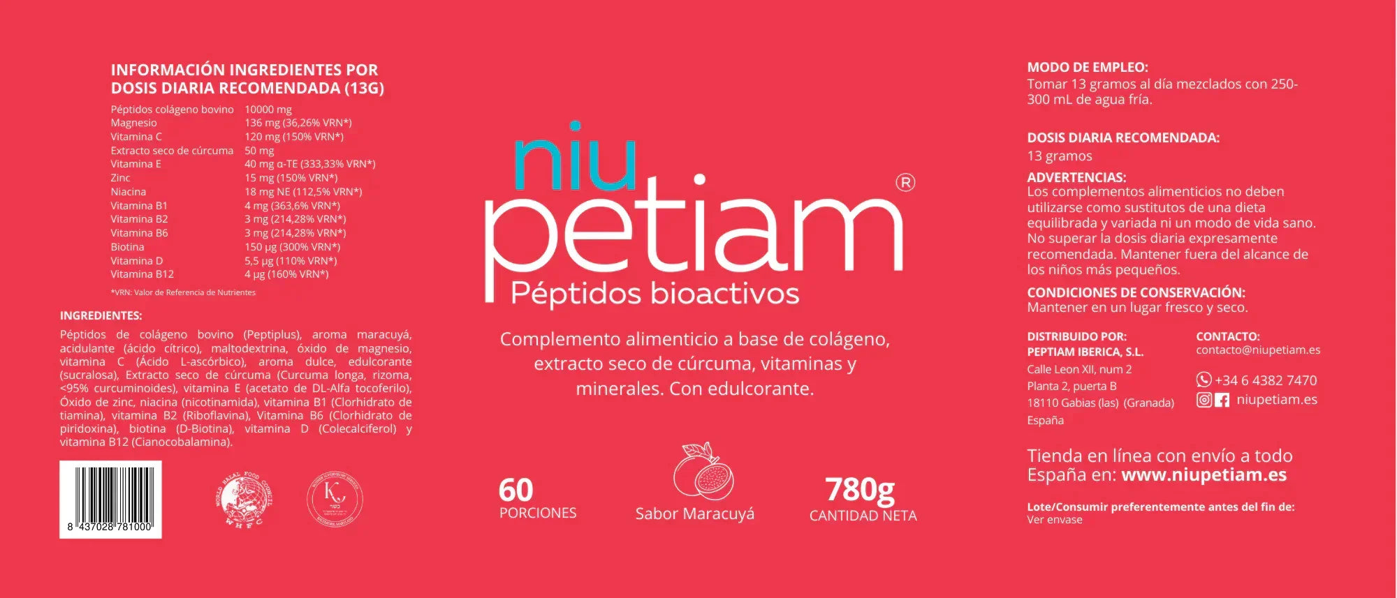 Pack 2 NiuPetiam® Sabor Maracuyá - Péptidos Bioactivos de Colágeno Hidrolizado (780 g c/u)