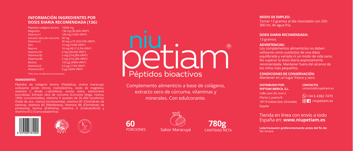 Pack 2 NiuPetiam® Sabor Maracuyá - Péptidos Bioactivos de Colágeno Hidrolizado (780 g c/u)