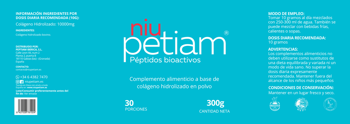 NiuPetiam® Colágeno Hidrolizado Instantáneo Sin Sabor – 30 porciones (300g)