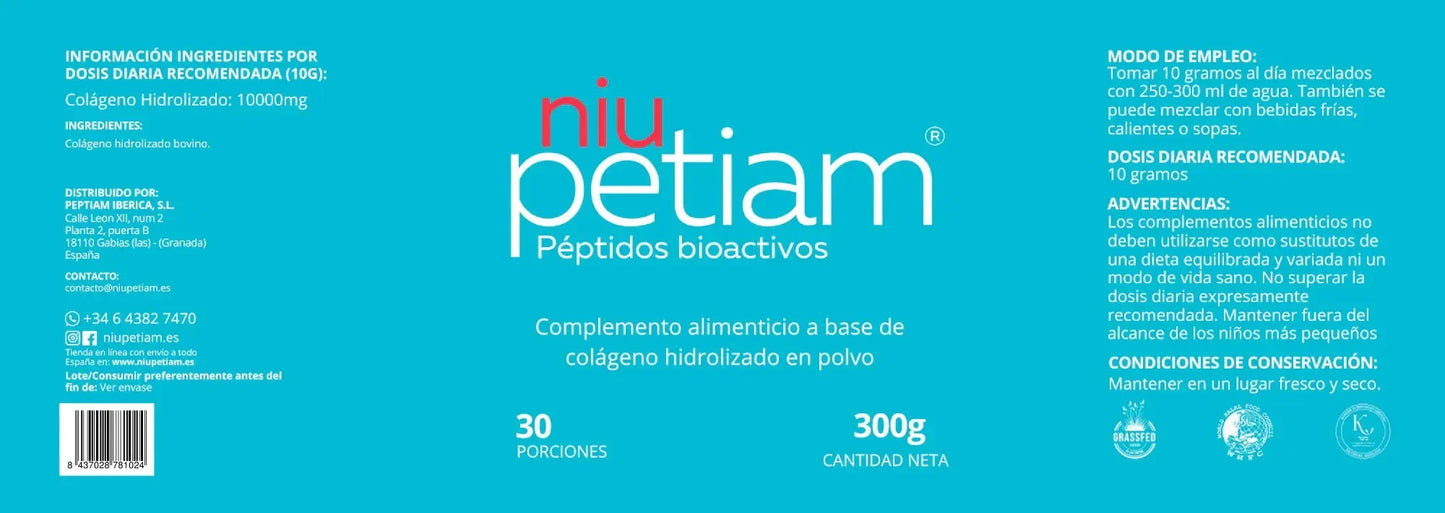 NiuPetiam® Colágeno Hidrolizado Instantáneo Sin Sabor – 30 porciones (300g) - NiuPetiam