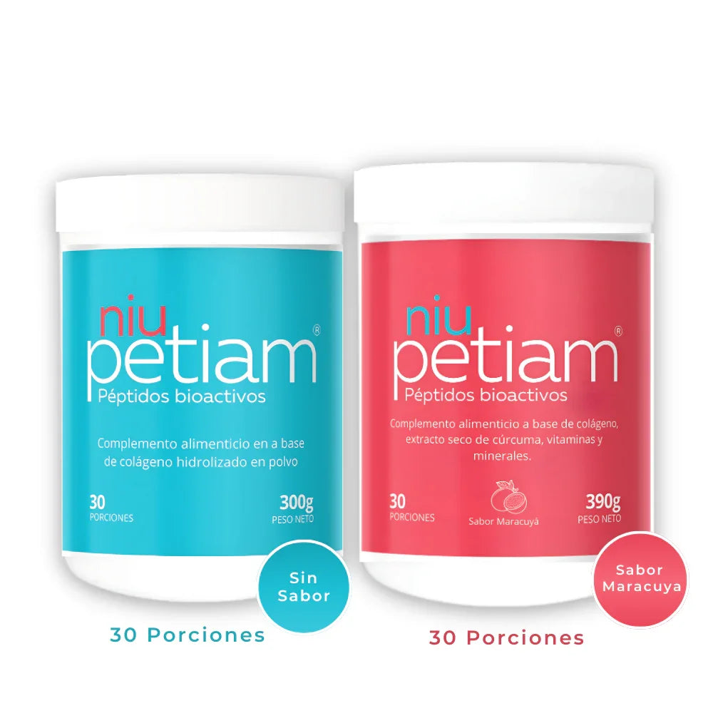 Pack 2 NiuPetiam® Sabor Maracuyá 390 g  y Sin Sabor 300 g- Péptidos Bioactivos de Colágeno Hidrolizado