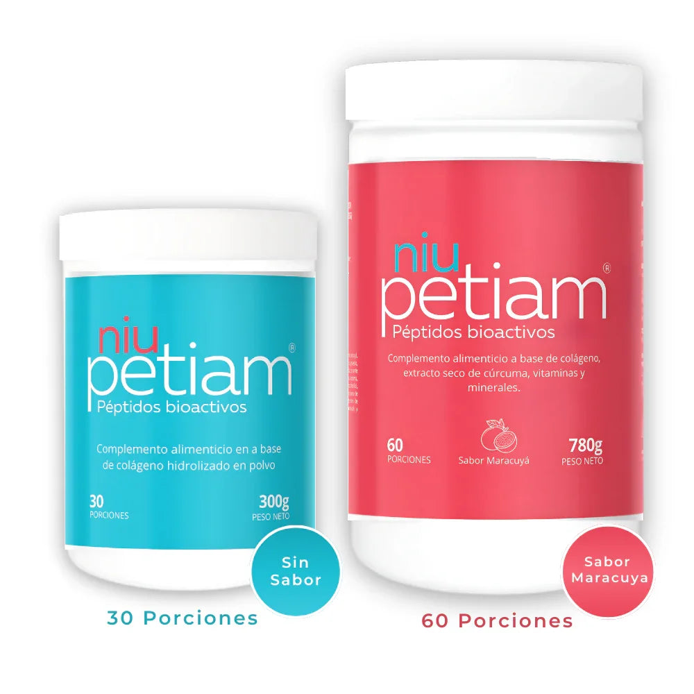 Pack 2 NiuPetiam® Sabor Maracuyá 780 g  y Sin Sabor 300 g- Péptidos Bioactivos de Colágeno Hidrolizado