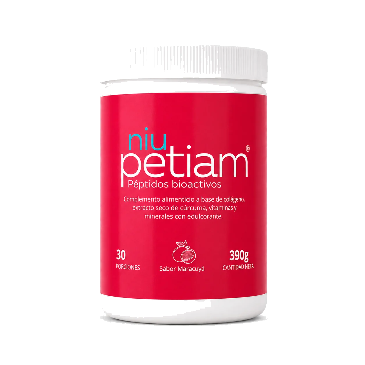 Foto de producto: NiuPetiam colágeno hidrolizado sabor maracuyá 30 porciones (390g), fondo transparente – NiuPetiam