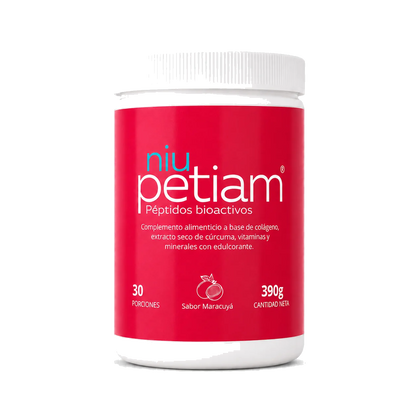 Foto de producto: NiuPetiam colágeno hidrolizado sabor maracuyá 30 porciones (390g), fondo transparente – NiuPetiam