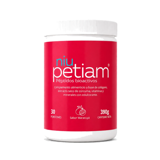 Foto de producto: NiuPetiam colágeno hidrolizado sabor maracuyá 30 porciones (390g), fondo transparente – NiuPetiam