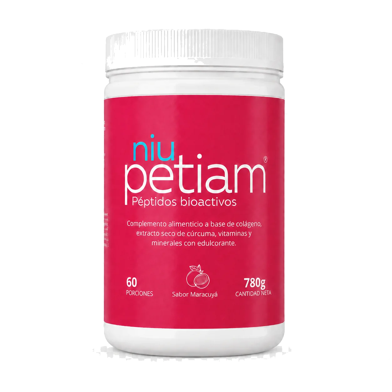 Foto de producto: NiuPetiam colágeno hidrolizado sabor maracuyá 60 porciones (780g), fondo transparente – NiuPetiam