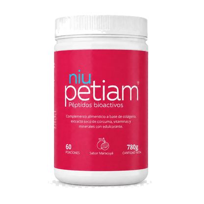 Foto de producto: NiuPetiam colágeno hidrolizado sabor maracuyá 60 porciones (780g), fondo transparente – NiuPetiam